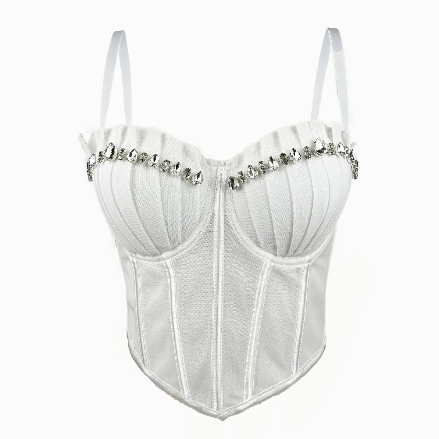 White sexy clubwear bustier shirt with rhinestone embellishments and adjustable straps