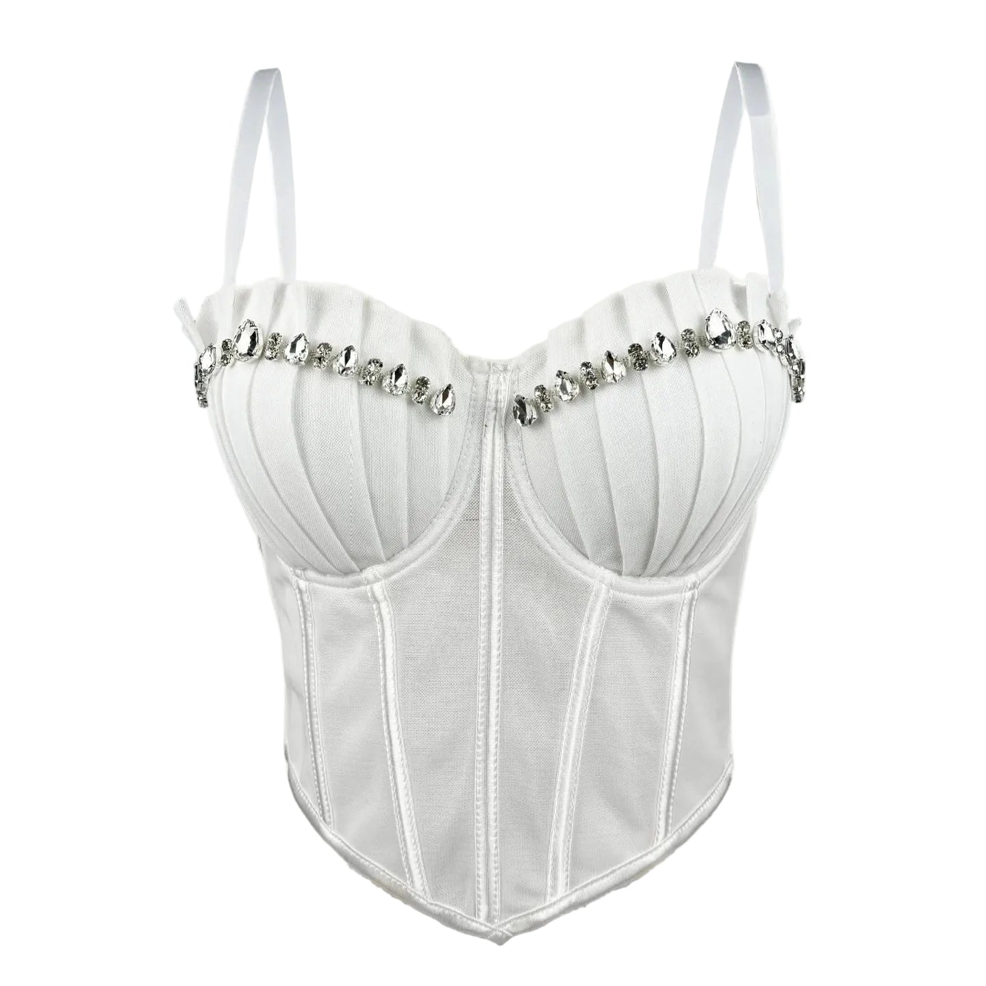 White sexy clubwear bustier shirt with rhinestone embellishments and adjustable straps