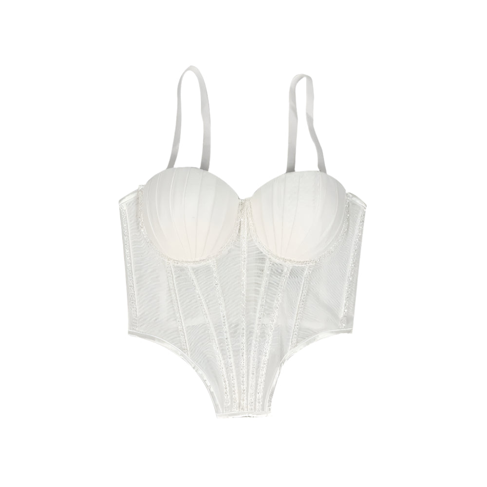White mesh sexy clubwear bustier shirt with padded cups and adjustable straps by VacationGrabs