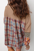 JUNIPER BLVD waffle knit henley top with plaid accents and long sleeves for a cozy look