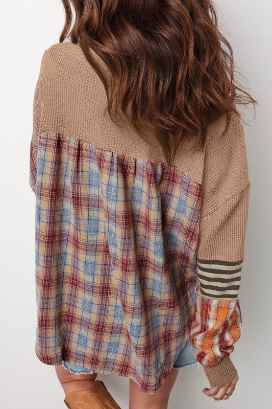 JUNIPER BLVD waffle knit henley top with plaid accents and long sleeves for a cozy look