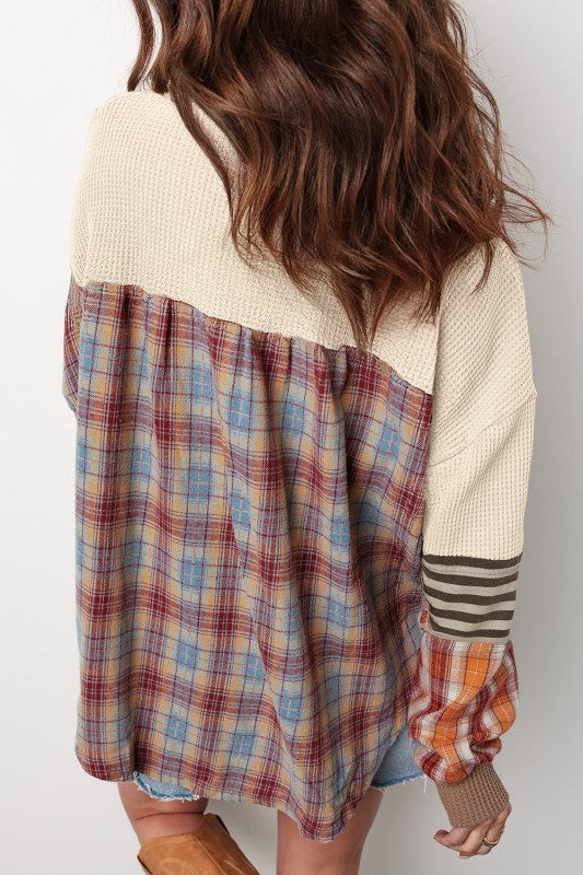 JUNIPER BLVD waffle knit henley top in a cozy mixed pattern with plaid details and long sleeves