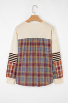 JUNIPER BLVD women's waffle knit henley top with plaid back and striped sleeves