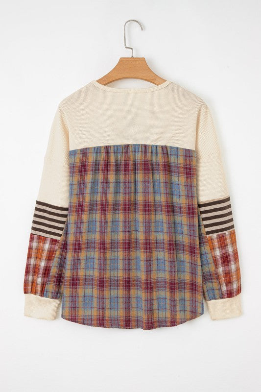 JUNIPER BLVD women's waffle knit henley top with plaid back and striped sleeves
