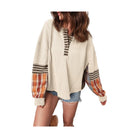 JUNIPER BLVD Women's Waffle Knit Henley Top with Colorful Plaid Sleeves for a Stylish Look