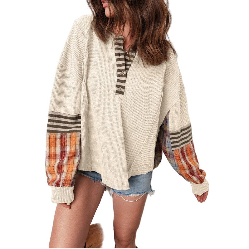 JUNIPER BLVD Women's Waffle Knit Henley Top with Colorful Plaid Sleeves for a Stylish Look