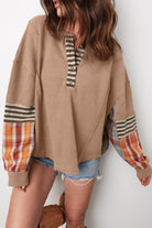JUNIPER BLVD women's waffle knit henley top with plaid sleeves and a relaxed fit