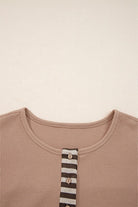 JUNIPER BLVD waffle knit henley top in soft beige with button detail and striped placket