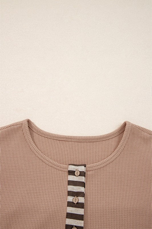 JUNIPER BLVD waffle knit henley top in soft beige with button detail and striped placket