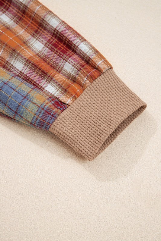 JUNIPER BLVD Women's Waffle Knit Henley Top with Colorful Plaid Sleeves and Cozy Cuffs