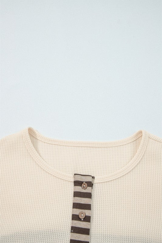 JUNIPER BLVD women's waffle knit henley top in cream with striped button placket detail