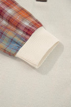 JUNIPER BLVD waffle knit henley top with plaid sleeves and cozy texture for stylish comfort