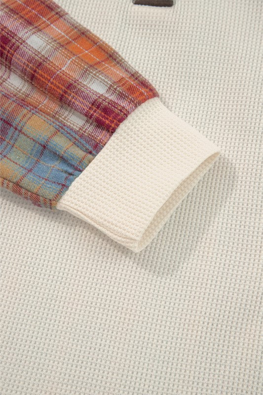 JUNIPER BLVD waffle knit henley top with plaid sleeves and cozy texture for stylish comfort