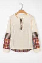 JUNIPER BLVD Women's Waffle Knit Henley Top with Striped and Plaid Sleeve Details