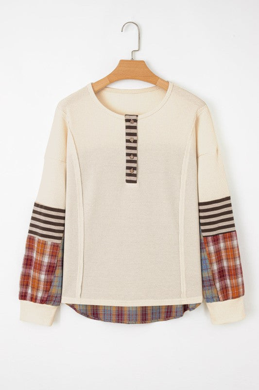 JUNIPER BLVD Women's Waffle Knit Henley Top with Striped and Plaid Sleeve Details