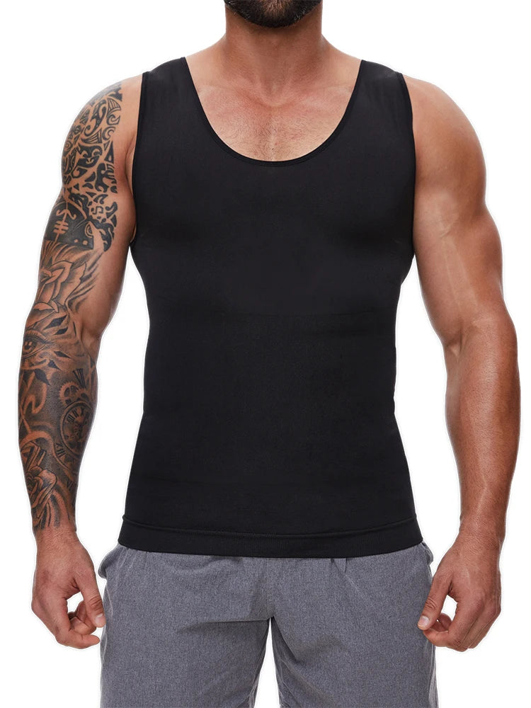 Men's black compression tank top, workout, waist corset trainer