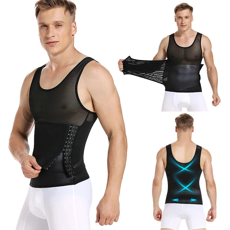 Men's black waist corset trainer for compression and support