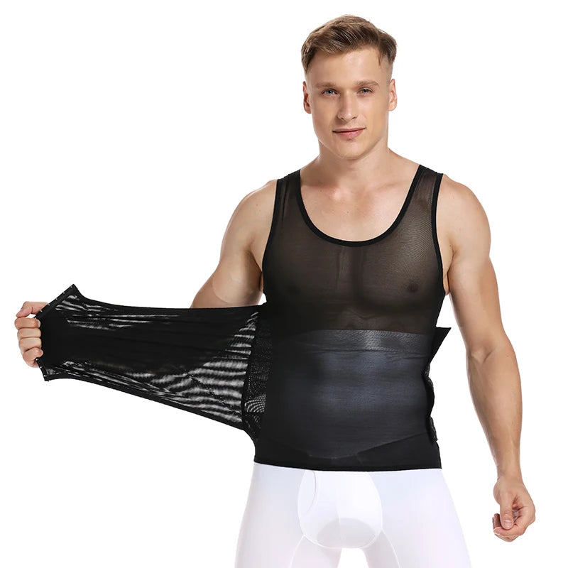 Men's black compression shirt, mesh material, waist corset trainer for support