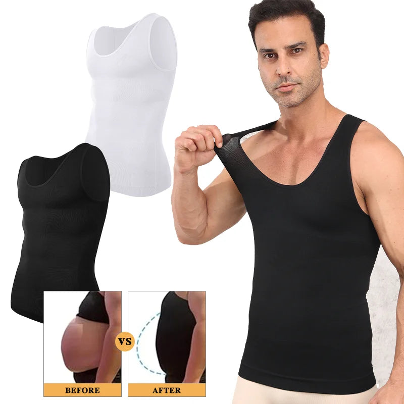 Men's waist corset trainer tank top in black, white, and snug fit