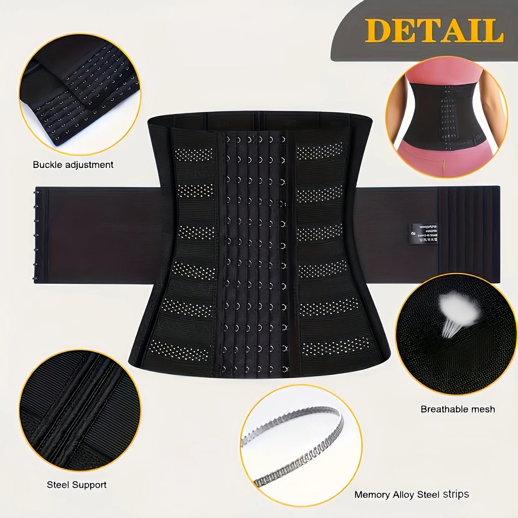 Black waist corset trainer with breathable mesh and steel support