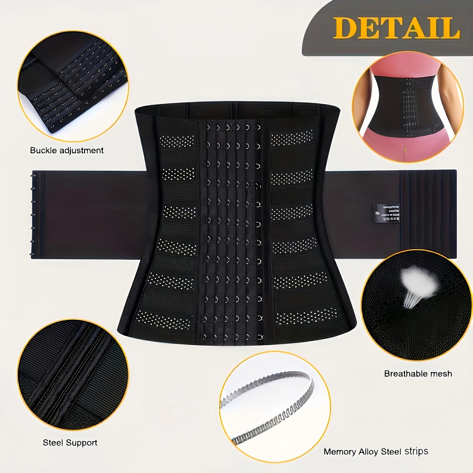 Black waist corset trainer with breathable mesh and steel support