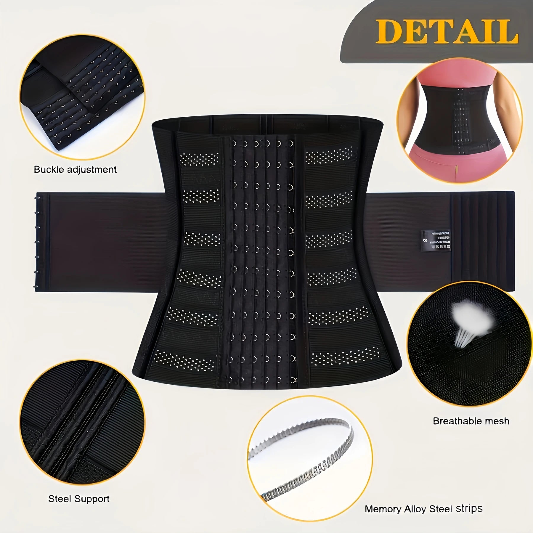 Black waist corset trainer with breathable mesh and steel support