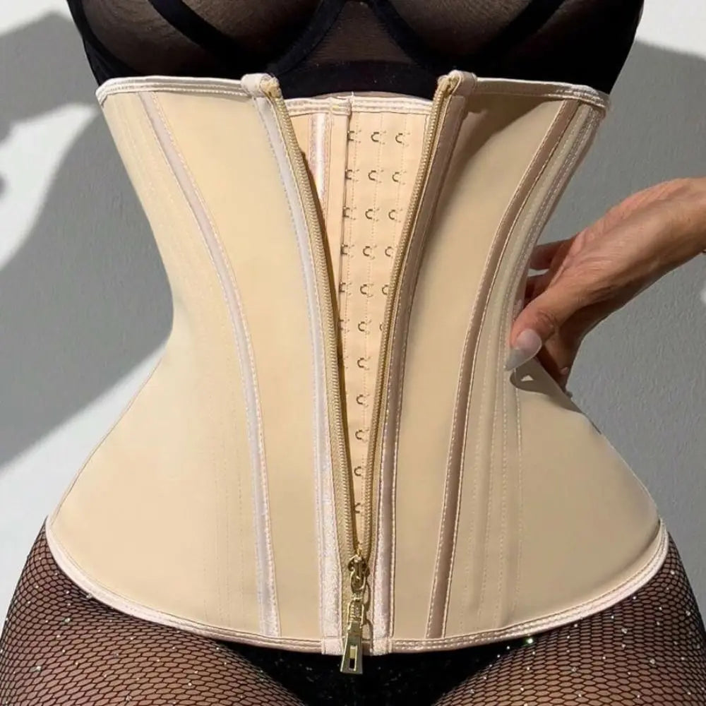 Beige waist corset trainer with zipper and hook closure for shaping