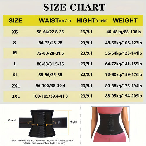 Size chart for waist corset trainer in multiple sizes and measurements