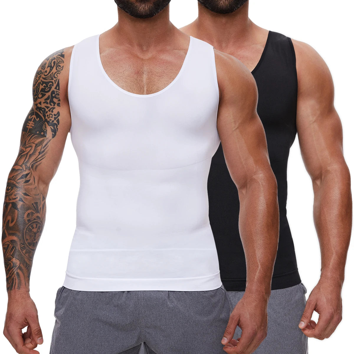 Men's compression wear tank tops, black and white, for support and comfort