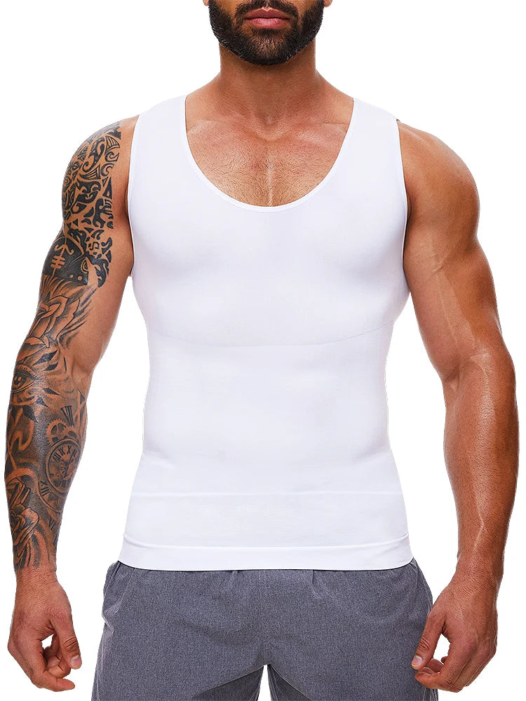 Men's white compression tank top, perfect under waist corset trainer