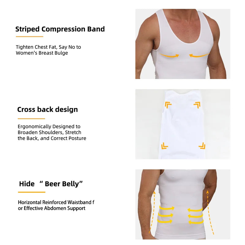 Men's white compression shirt, features waist corset trainer support