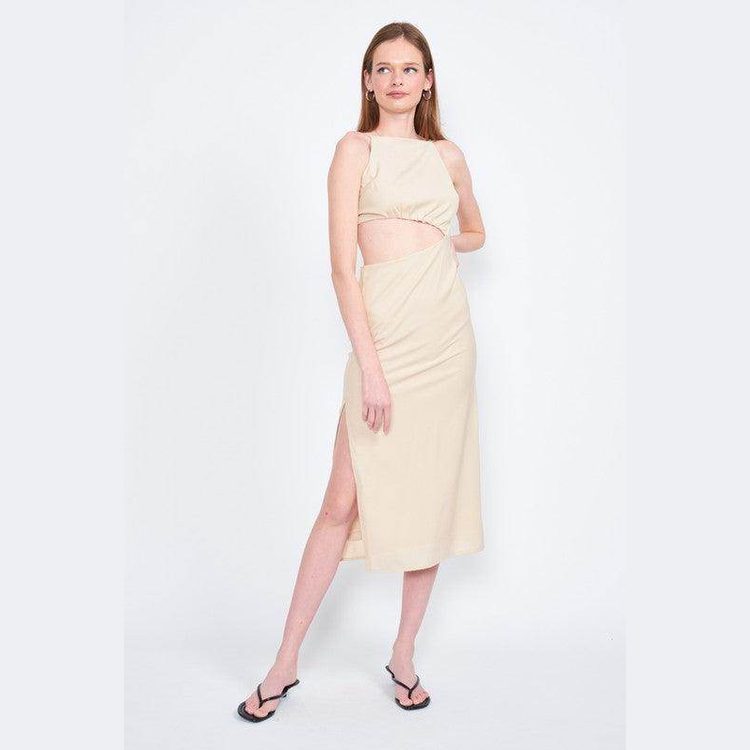 Emory Park Women's Waist Cut Out Dress in Beige with Side Slit and Adjustable Straps