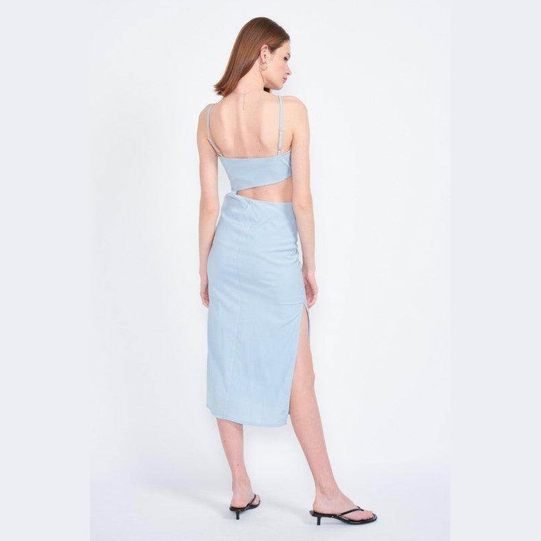 Emory Park Women's Waist Cut Out Dress in Light Blue with Stylish Side Slits and Spaghetti Straps