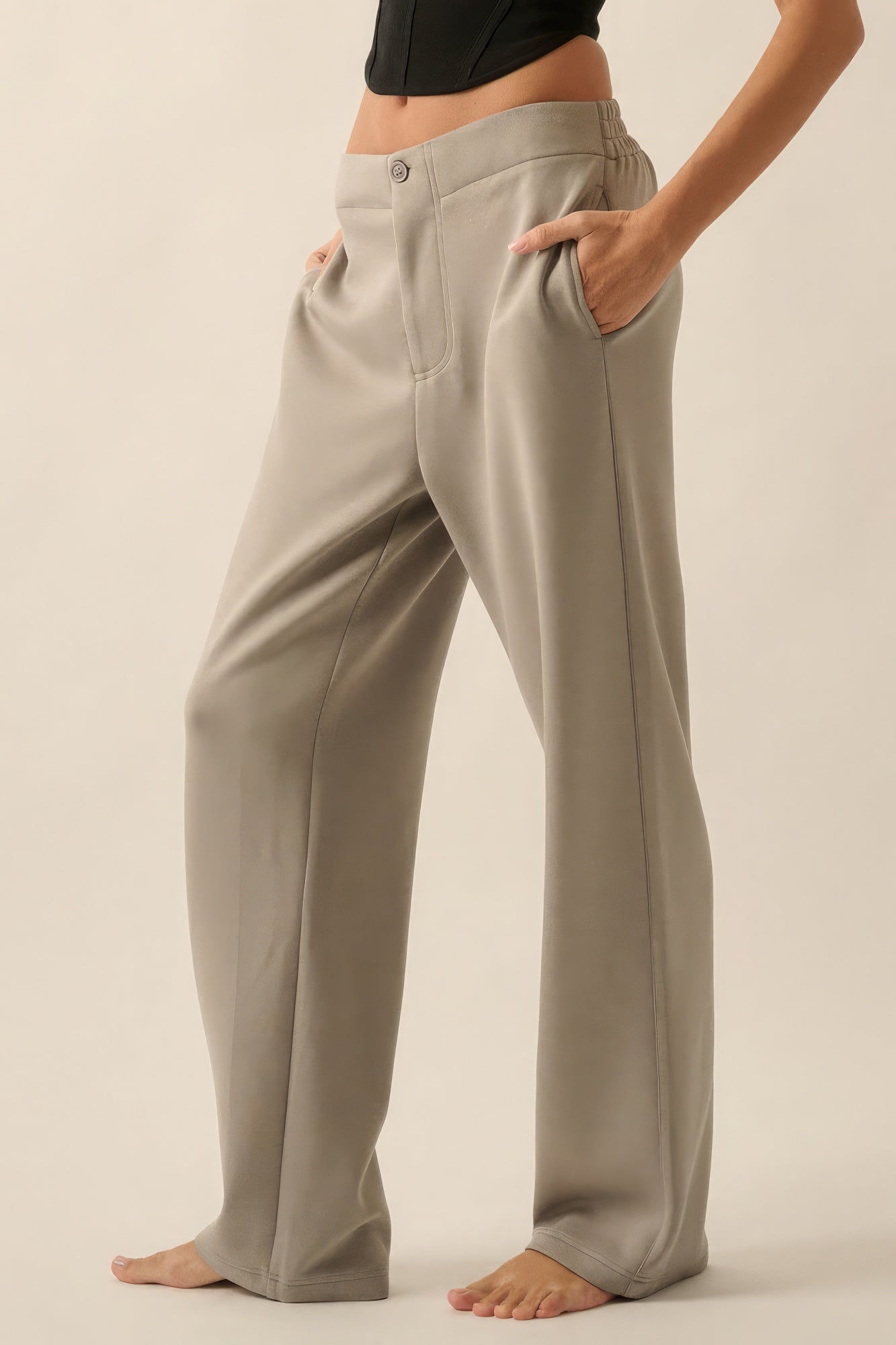 Women's waist high pants in gray, lightweight fabric for casual wear