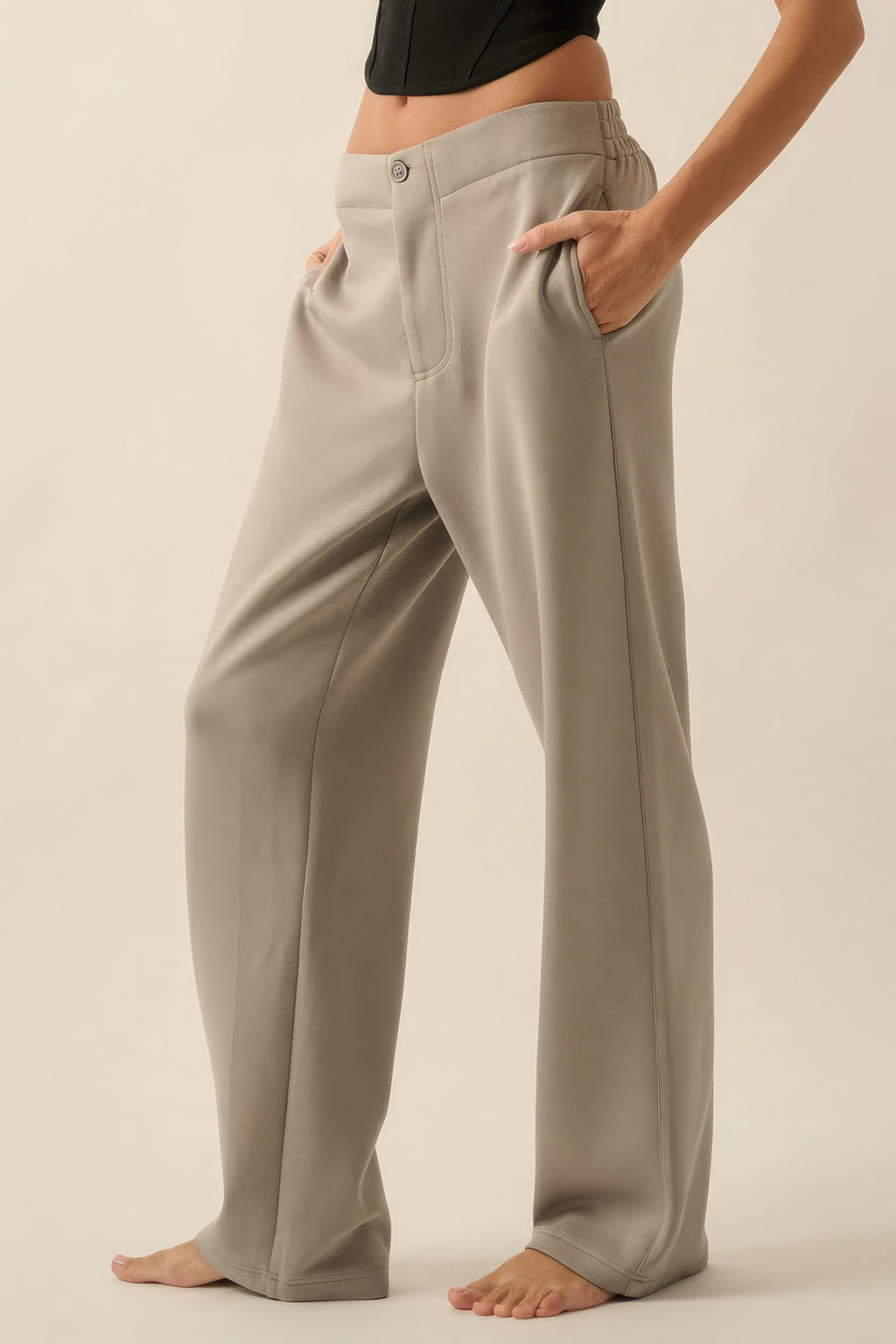Women's waist high pants in gray, lightweight fabric for casual wear
