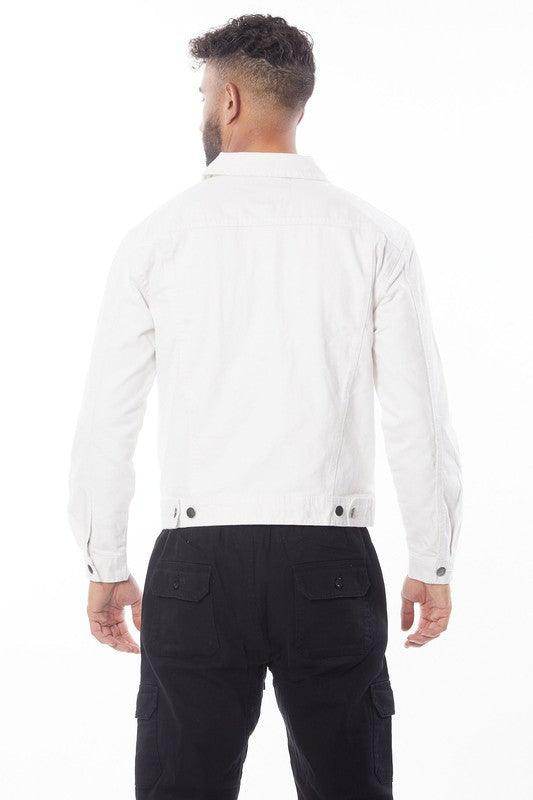 Men's Blue Age waist length denim jacket in white, featuring a classic design and back view.