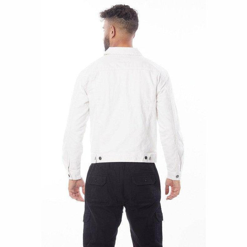 Men's Blue Age waist length denim jacket in white, featuring a classic design and back view.
