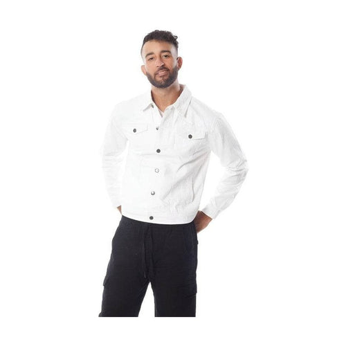 Men's waist length denim jacket by Blue Age in white with button closures and pockets