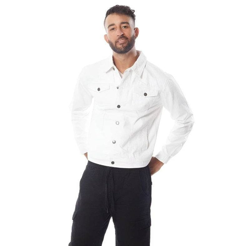 Men's waist length denim jacket by Blue Age in white with button closures and pockets