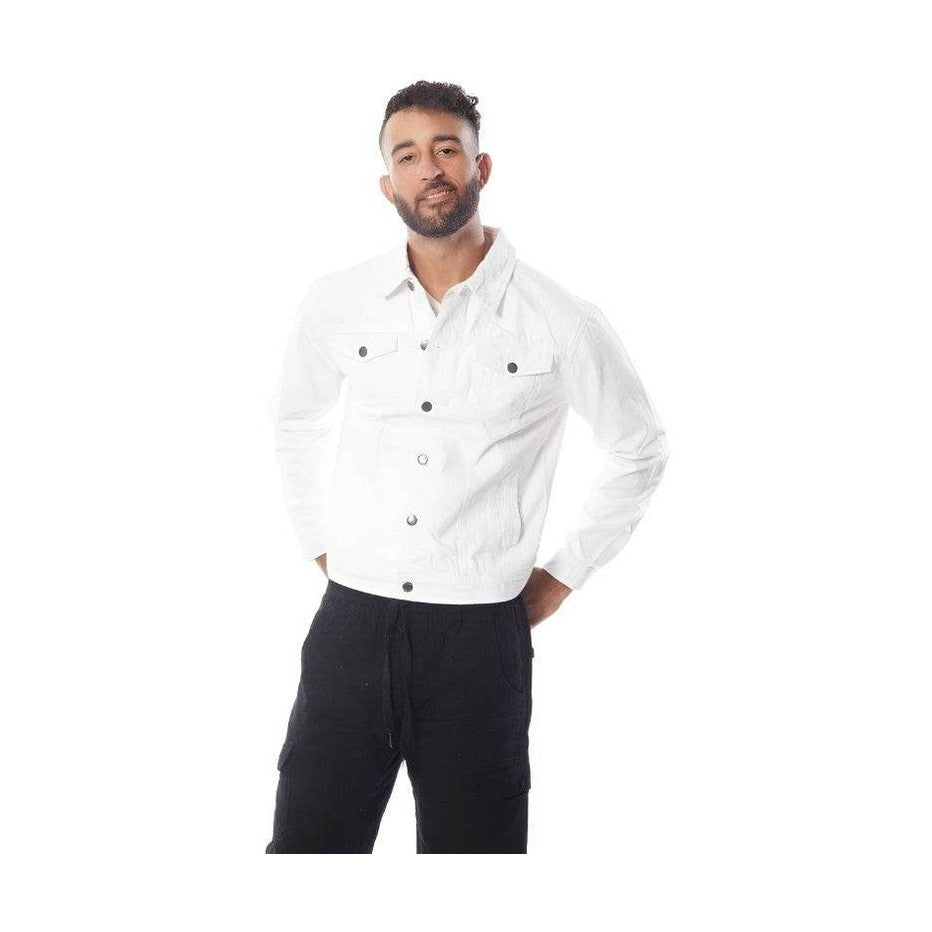 Men's waist length denim jacket by Blue Age in white with button closures and pockets