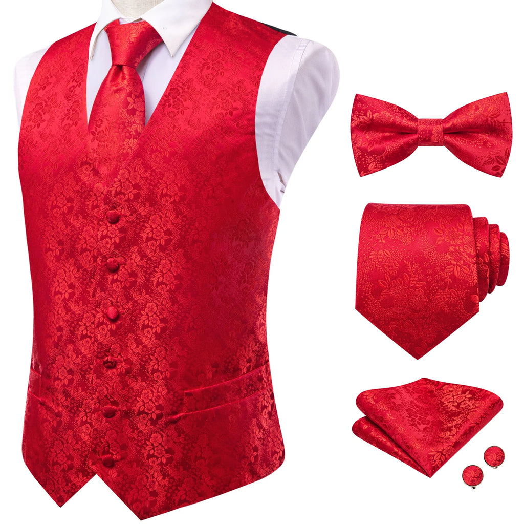 Red floral waistcoat for men, formal event wear with matching accessories