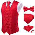 Red floral waistcoat for men, formal event wear with matching accessories
