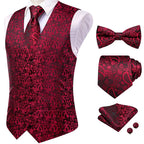 Men's red paisley waistcoat for formal events with matching bow tie