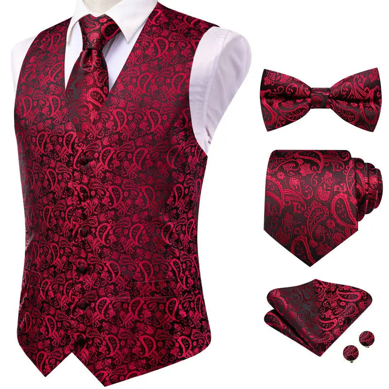 Men's red paisley waistcoat for formal events with matching bow tie