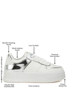 Women's white party sneakers with metallic panels, ideal walking shoes for sightseeing tours