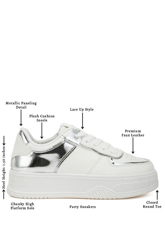 Women's white party sneakers with metallic panels, ideal walking shoes for sightseeing tours