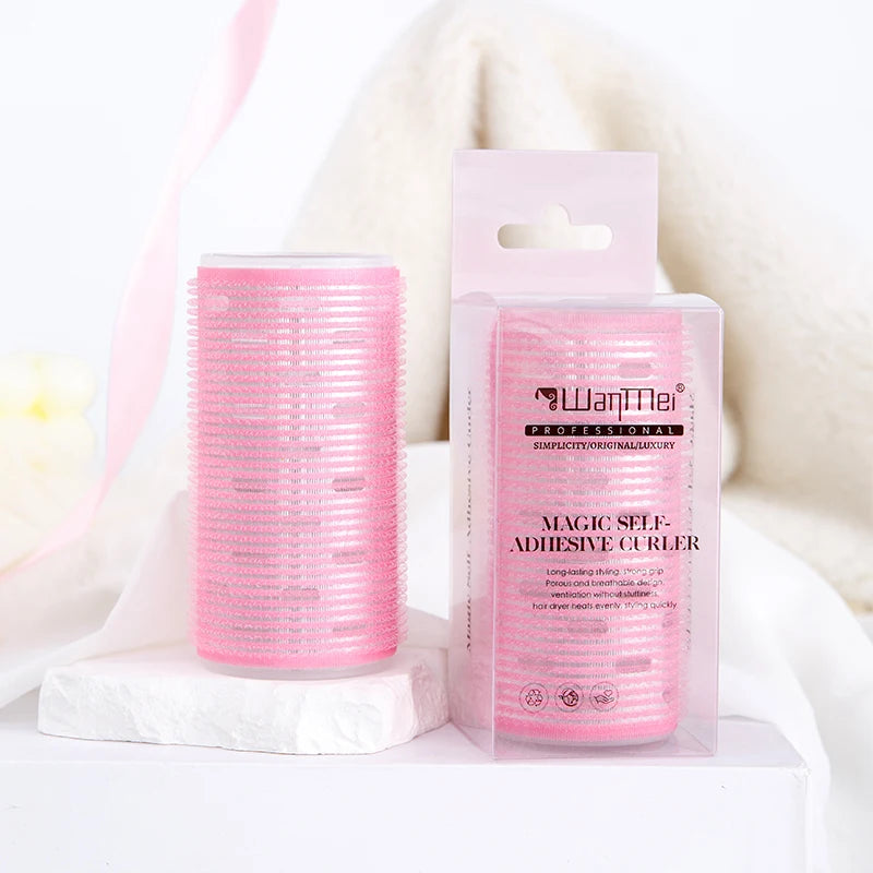 Pink self-adhesive no heat hair rollers for women, easy styling tool