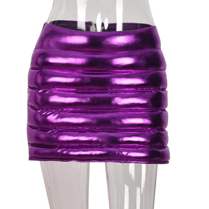 Purple warm quilted skirt with a sleek shiny finish for a stylish look