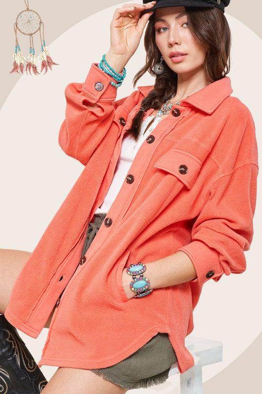 La Miel Women's Warm Vacation Jacket in Coral with Button Details and Oversized Fit