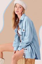 La Miel Women's Warm Vacation Jacket in Light Blue with Oversized Fit and Button Details